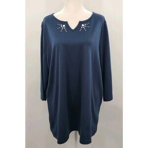 Quacker Factory Rhinestone Shirt Tunic Size‎ 1X Blue Rhinestones Bling Neckline